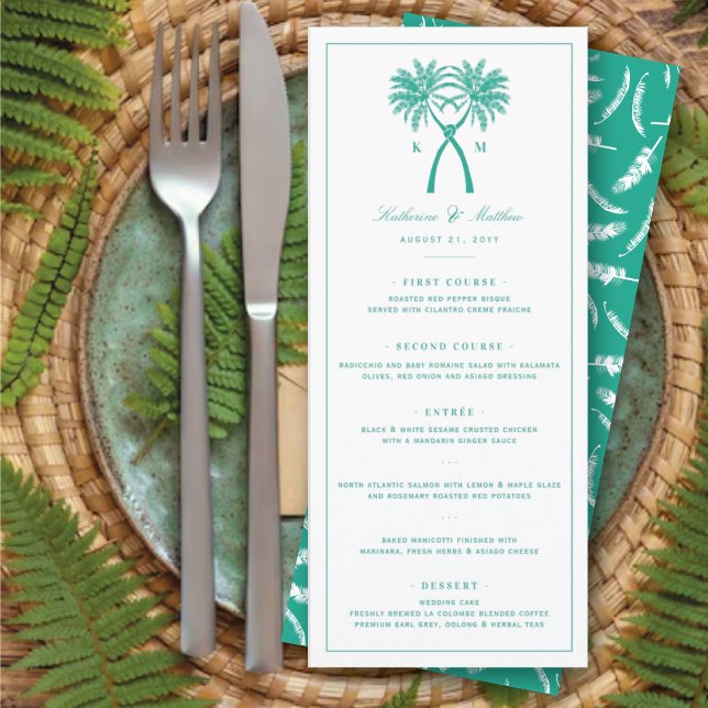 Menú Boda de destino tropical de palmeras nubladas (Knotted Palm Trees Monogram Tropical Destination Wedding Menu Card @ fatfatin_blue_knot)