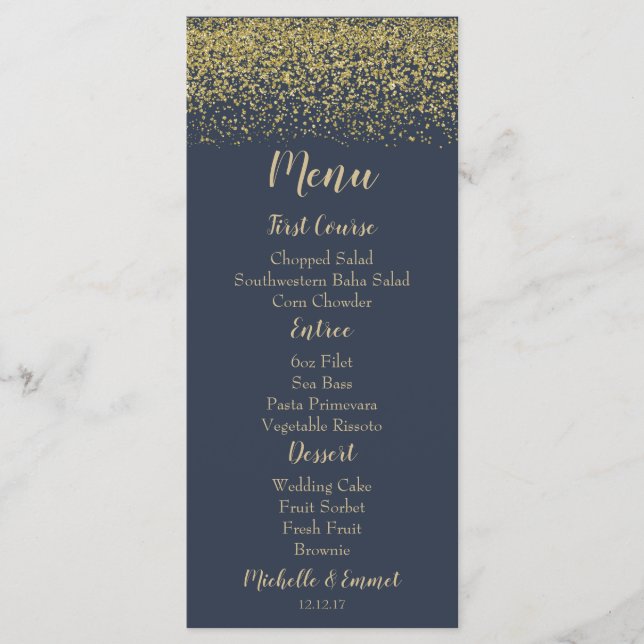 Menú Boda de diamantes azules y dorados de la mari (Anverso)