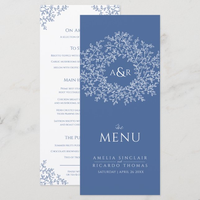 Menú boda de dibujo de hojas azules y blancas (Anverso / Reverso)