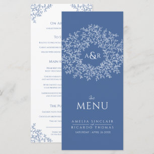 Menú boda de dibujo de hojas azules y blancas