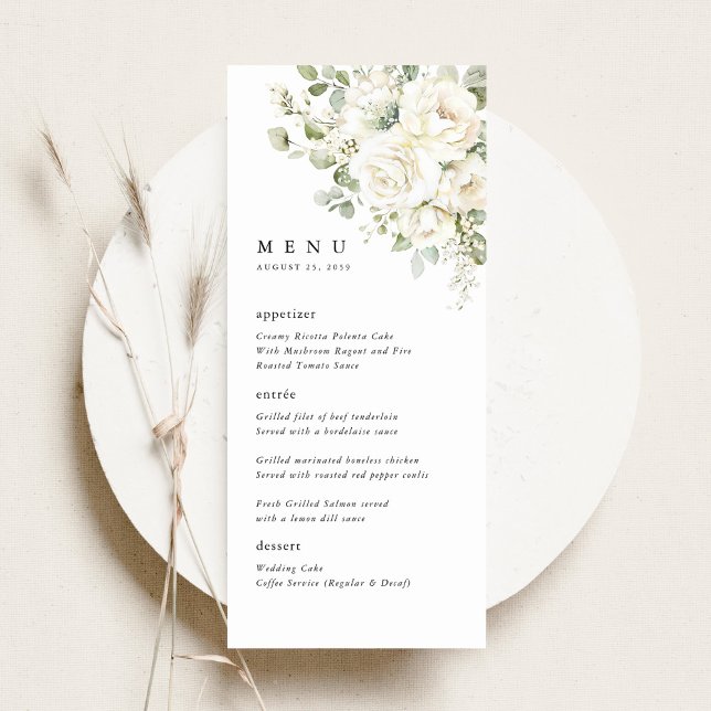 Menú Boda de Diner Floral de Verde Salvia y Blanco (Sage green white floral wedding menu card, watercolor roses elegant reception stationery, flat lay)