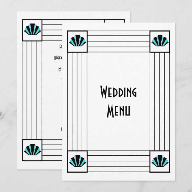 Menú Boda de diseño Art Deco Azul (Anverso / Reverso)