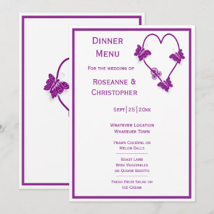 Menú Boda de diseño cardíaco de mariposas moradas