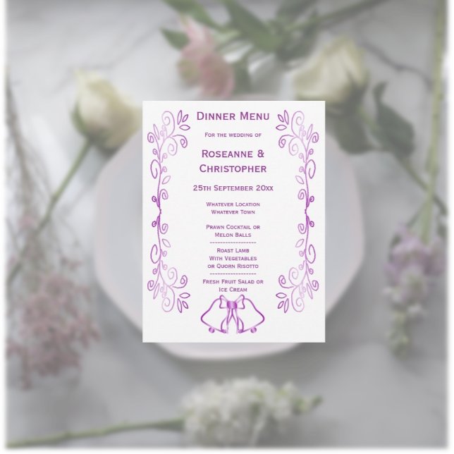 Menú Boda de diseño de gráfico de púrpura (Purple wedding menu card bells and scrollwork design)