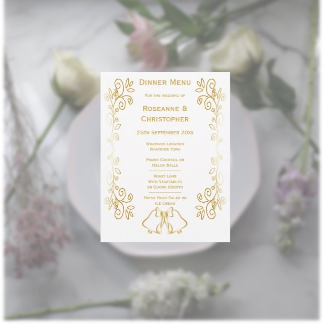 Menú Boda de diseño de trabajo de gamas de oro (Gold wedding menu bells and scrollwork design)