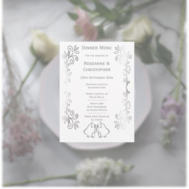 Menú Boda de diseño de trabajo de gamas plateadas (Silver wedding menu bells and scrollwork design)