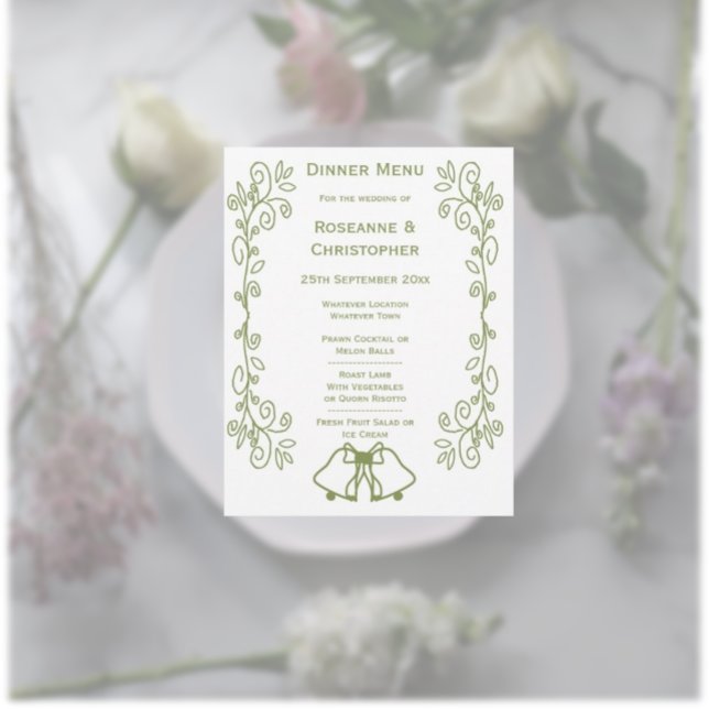 Menú Boda de diseño del trabajo de desplazamiento de la (Sage wedding menu bells and scrollwork design)
