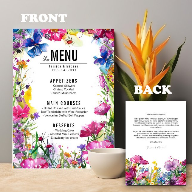 💓 menú boda de dos lados Colección Meadow Bloom (💓2 sided wedding menu Meadow Bloom collection. Add matching stationery to your shopping basket)