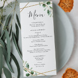 Menú Boda de ecología de eucalipto geométrico de oro<br><div class="desc">Diseñado para coordinarse con nuestra colección de bodas Moody Greenery,  este menú personalizable incluye un follaje acuático con eucalipto verde sage acentado con un marco geométrico dorado con texto gris. Para realizar cambios avanzados,  vaya a la opción "Hacer clic en el personalizar más adelante" en Personalizar esta plantilla.</div>