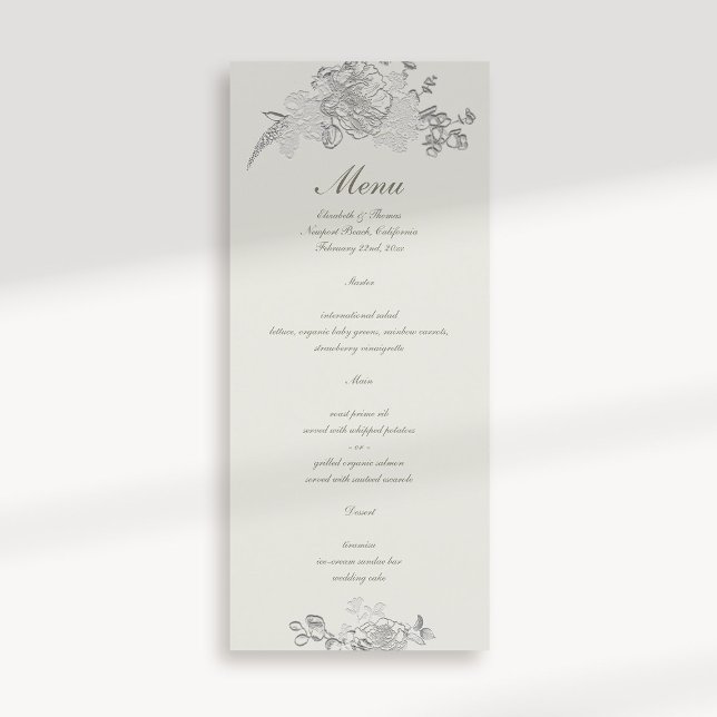 Menú Boda de Ecru formal de Peony Classic Grabado en re (formal traditional elegant calligraphy wedding menu card faux embossed peony ecru classic)