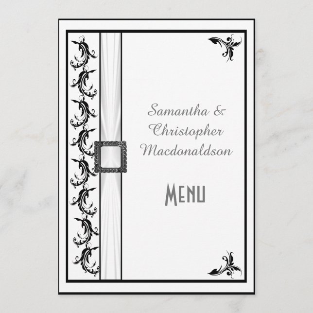 Menú boda de encaje blanco y negro sencillo (Anverso)