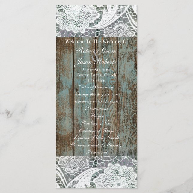 Menú boda de encaje de madera de granero azul de occide (Anverso)