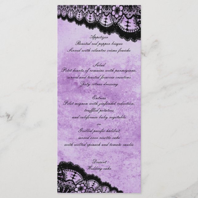 Menú Boda de encaje negro gótico morado (Anverso)
