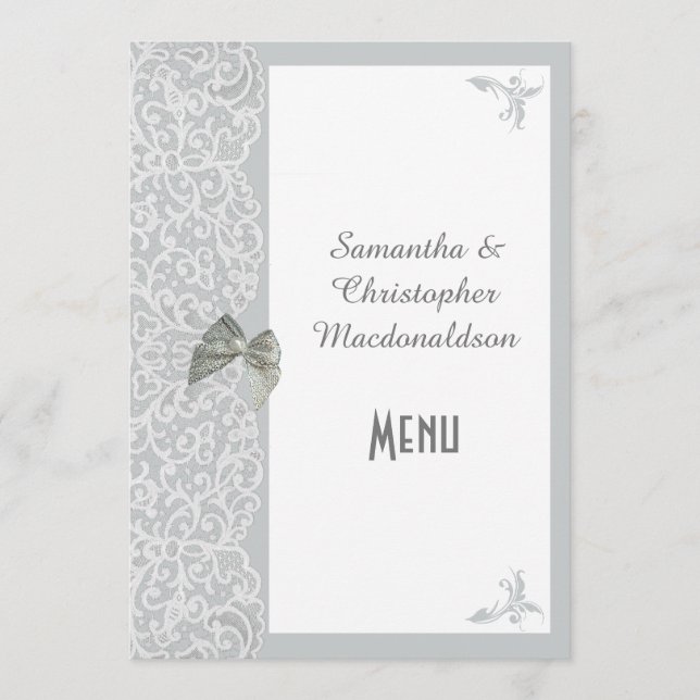 Menú boda de encaje tradicional gris y blanco (Anverso)