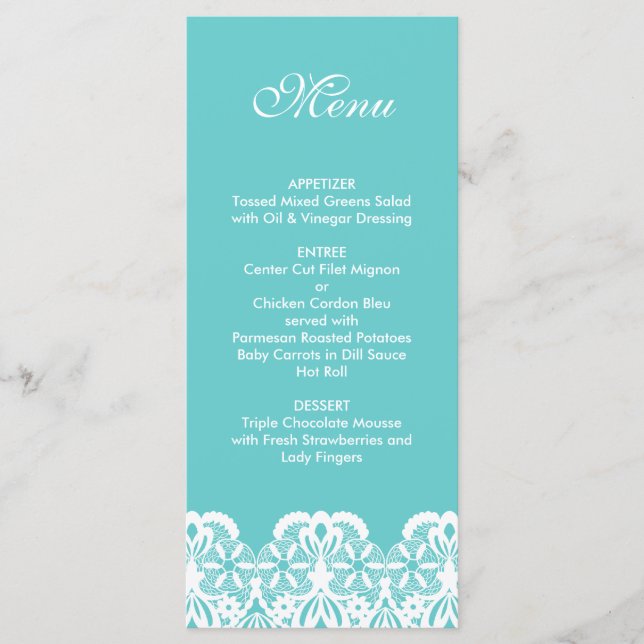 Menú Boda de encaje Verde azulado Tiffany (Anverso)