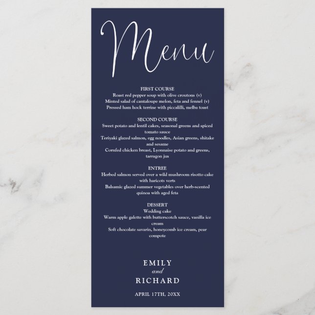 Menú Boda de escritura de caligrafía azul marino (Anverso)