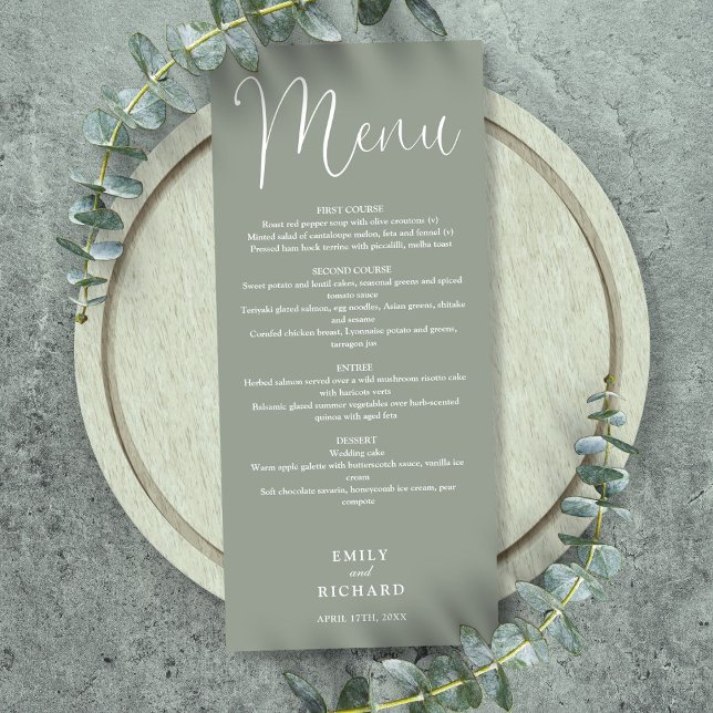Menú Boda de escritura de caligrafía verde salvia (Sage Green Calligraphy Script Wedding Menu)
