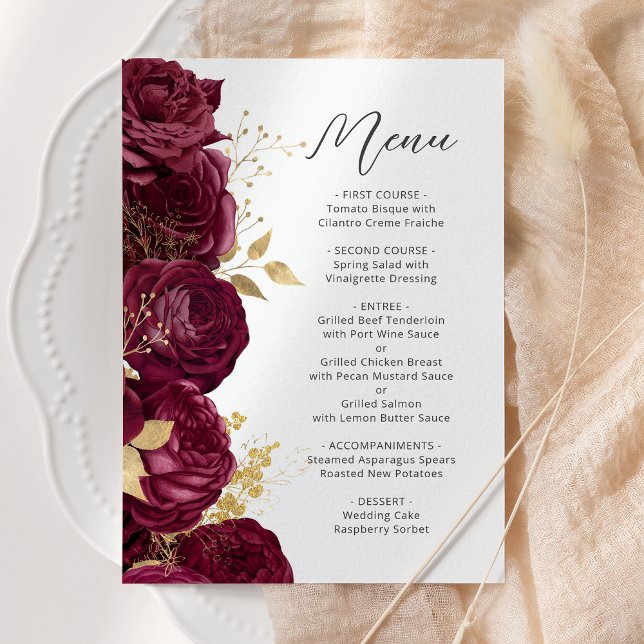 Menú Boda de escritura floral de oro de Borgoña (Subido por el creador)