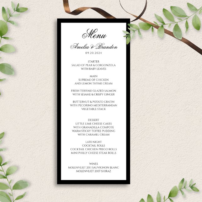 Menú Boda de escritura formal clásica en blanco y negro (Subido por el creador)