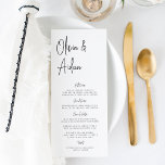 Menú Boda de escritura manuscrita moderna en blanco y n<br><div class="desc">Diseñado para coincidir con nuestras invitaciones de boda manuscritas modernas. Un hermoso diseño basado en tipografía con un toque minimalista,  con escritura moderna de escritura negra de ceniza y letras serif clásicas. Personalice los elementos de menú utilizando ocho campos de texto personalizados.</div>