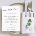 Menú Boda de escritura Minimalista moderna<br><div class="desc">El menú boda,  sencillo y moderno,  incluye un "menú" de escritura moderna en un ángel con el tipo de letra serif clásico. A tu huésped le encantará el minimalista aspecto blanco y negro.</div>