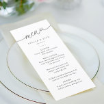 Menú Boda de escritura Minimalista moderna<br><div class="desc">El menú boda,  sencillo y moderno,  incluye un "menú" de escritura moderna en un ángel con el tipo de letra serif clásico. A tu huésped le encantará el minimalista aspecto blanco y negro.</div>