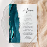 Menú Boda de escritura moderna de color plata azul verd<br><div class="desc">Este elegante y moderno menú boda incluye una verde azulada barra de acuarela azul bordeada por un falso purpurina de plata. El texto del personalizable combina el guión de escritura a mano gris carbón y sans serif en un fondo blanco. El diseño del ágate verde azulado y plateado se repite...</div>