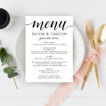 Menú Boda de escritura moderna en blanco y negro<br><div class="desc">Las modernas y modas tarjetas de menú boda en blanco y negro presentan un diseño tipográfico en negro con acentos de escritura de caligrafía audaz y un elegante texto personalizado que se puede personalizar con los deliciosos detalles del menú de la cena y un monograma de nombres de novias y...</div>