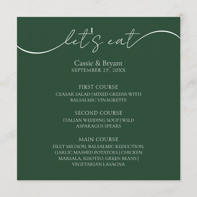 Menú Boda de escritura moderna verde esmeralda úni (Anverso)