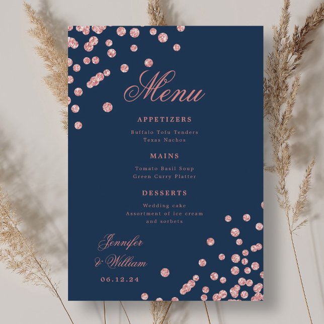 Menú Boda de escritura romántica Confetti Rosa de la ma (Romantic Script Wedding Confetti Rose Gold Navy Menu)