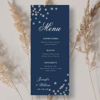 Menú Boda de escritura romántica Confetti Silver Navy