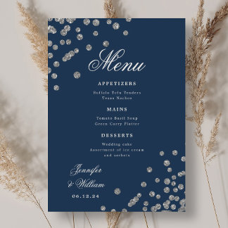 Menú Boda de escritura romántica Confetti Silver Navy