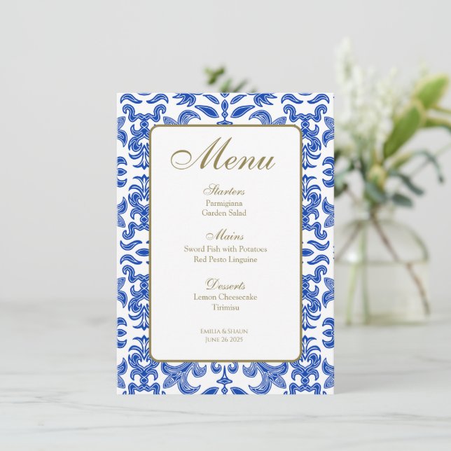 Menú Boda de estilo Amalfi azul y blanco (Anverso de pie)
