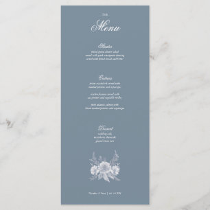 Menú Boda de estilo victoriano en azul con flores blanc