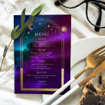 Menú Boda de estrellas de luna de oro Verde azulado púr<br><div class="desc">Las tarjetas del Boda Espacial Cosmic Purple Verde azulada Gold Moon Stars cuentan con un sol dorado, luna y estrellas enmarcadas en un colorido fondo cósmico místico morado, verde azulado y azul, con los detalles del menú en el centro en un guión moderno de caligrafía dorada. Personalice editando el texto...</div>