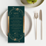 Menú Boda de estrellas de luna mística de oro verde<br><div class="desc">Micstical Green Gold Sun Moon Stars Astronomía Galaxy Celestial Cosmic Wedding Cards con sol, luna y estrellas con un marco dorado sobre un fondo verde y detalles de menú en el centro en un guión moderno de caligrafía dorada. Personalice editando el texto en los cuadros de texto proporcionados. Diseñado por...</div>