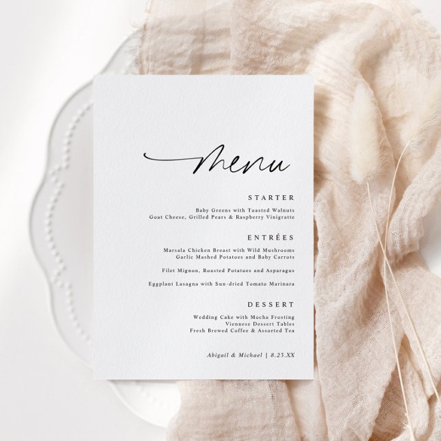 Menú Boda de etiquetas de nombre de escritura a mano Mi (Modern handwritten wedding menu card with thank you on back and space for name tags.)