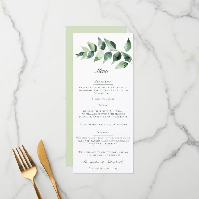 Menú Boda de Eucalipto al Acuarela | Blanco (Anverso/Reverso In Situ)