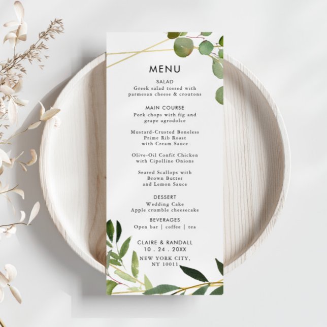 Menú Boda de eucalipto verde geométrico dorado (Subido por el creador)