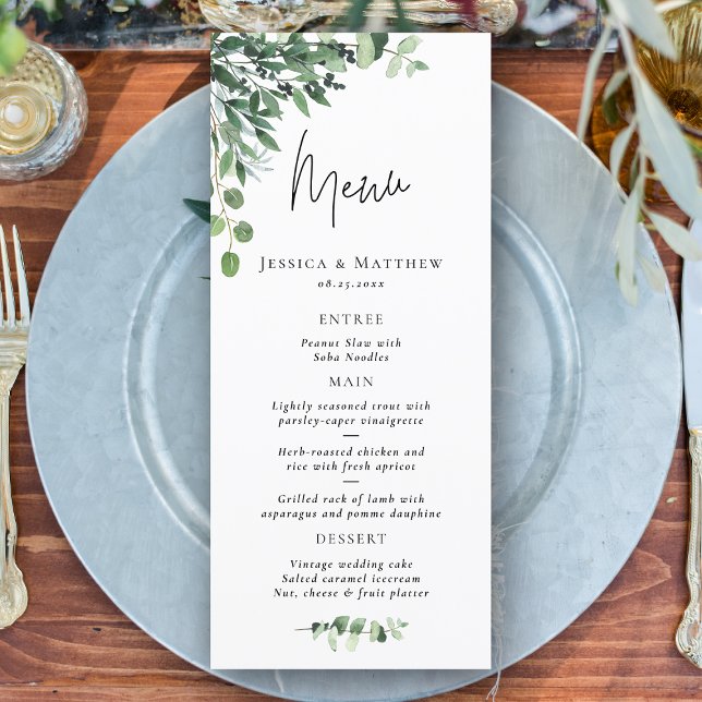 Menú Boda de eucalipto verde sabio rústico (Rustic Sage Green Eucalyptus Wedding Menu)
