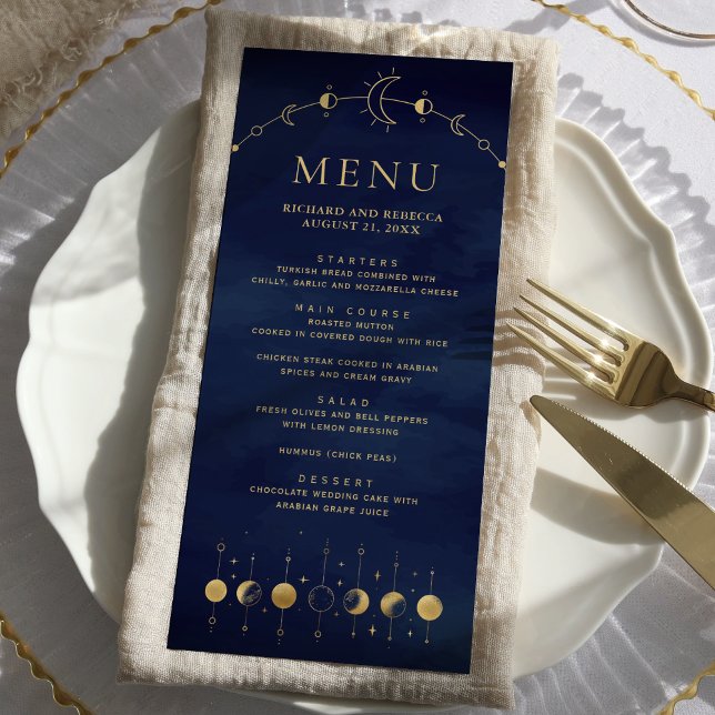 Menú Boda de fases de luna creciente dorada azul celest (Subido por el creador)