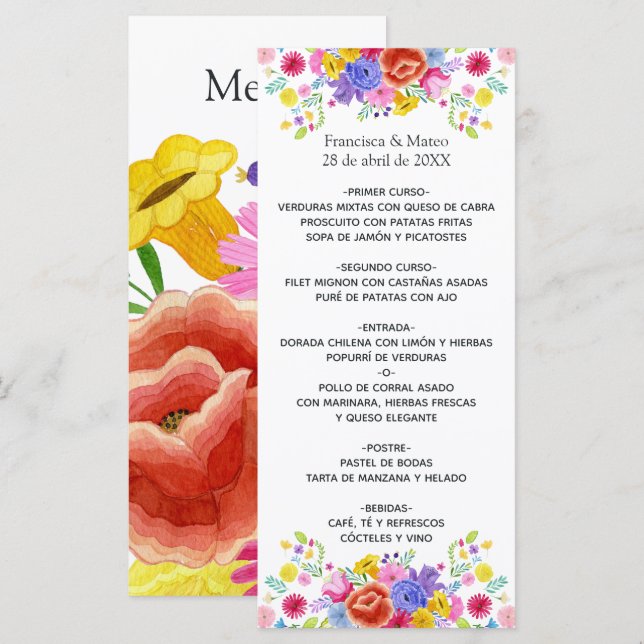 Menú Boda de fiesta española floral acuarela (Anverso / Reverso)