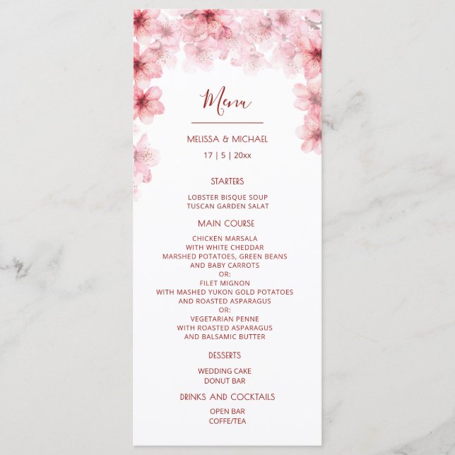 Menú Boda de flor de cerezo acuarela (Anverso)