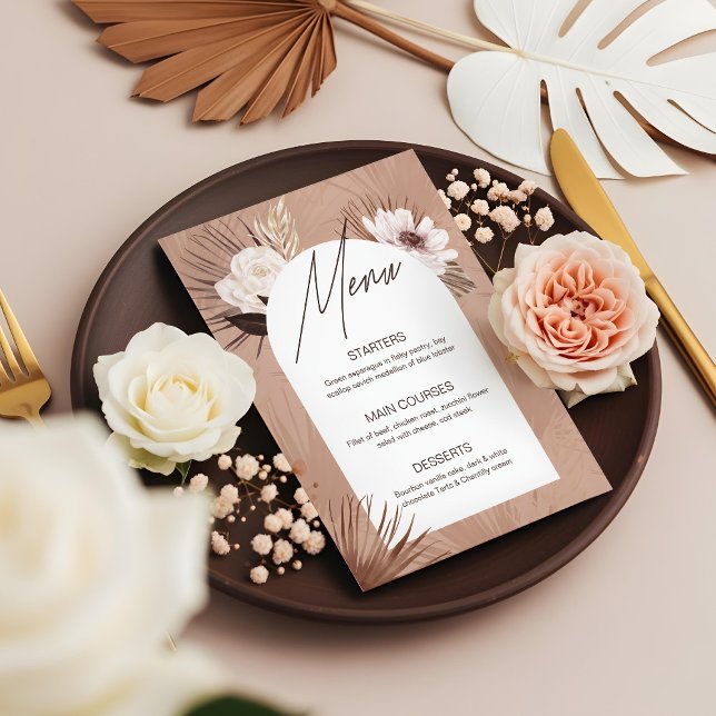 Menú Boda de Floración de acuarela bohemia de arte mode (Modern Arch Bohemian Watercolor Florals Wedding Menu)
