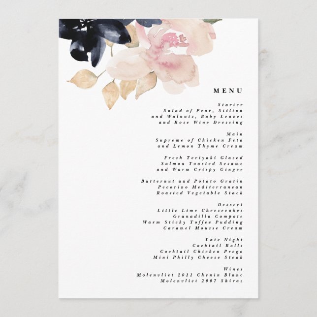 Menú Boda de Floración de la Marina de Acuarela Románti (Anverso)