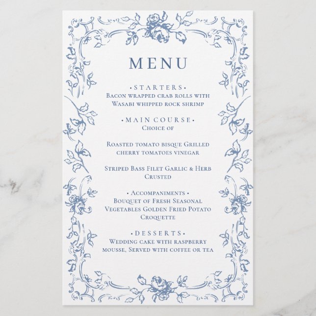 Menú Boda de floral azul y de origen renacentista (Anverso)