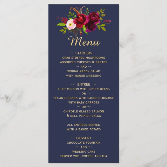 Menú Boda de Floral Script Burgundy Azul Marino (Anverso)