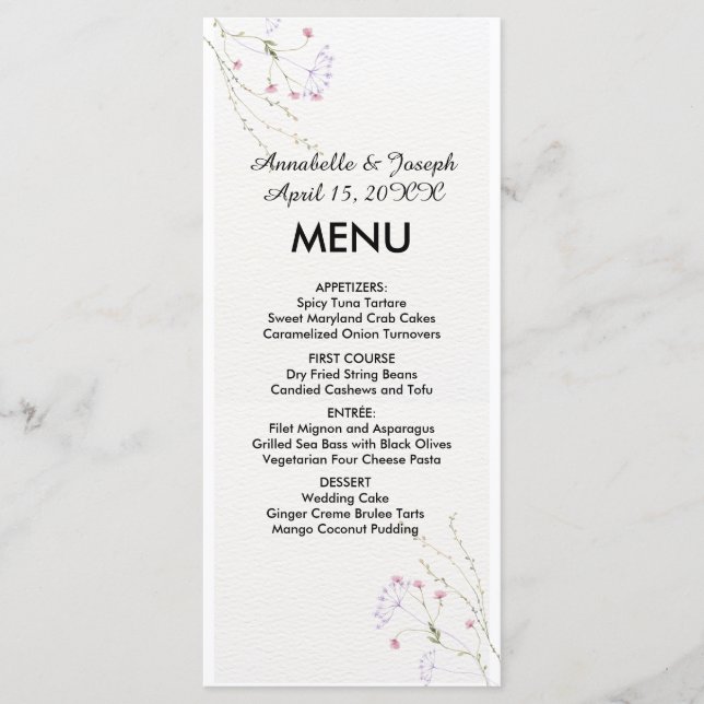 Menú Boda de flores acuarela minimalista blanca (Anverso)