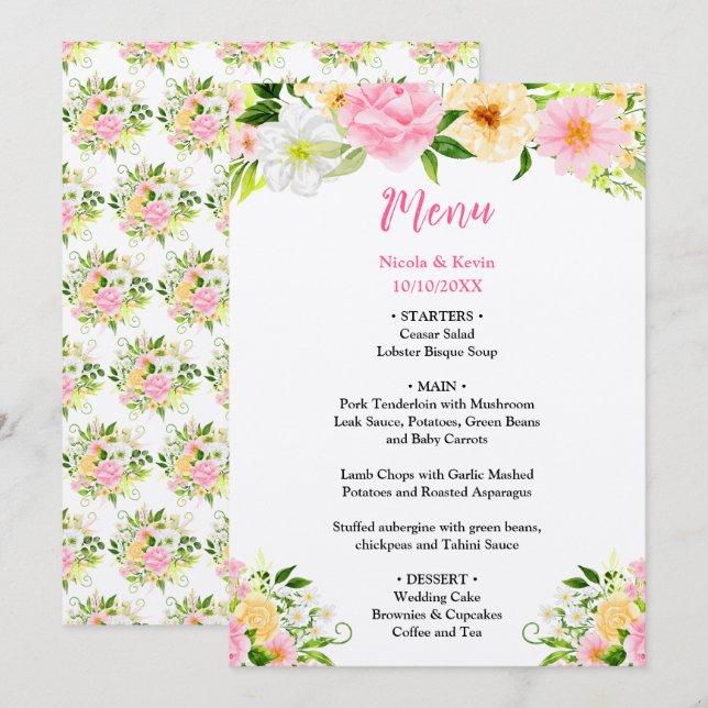 Menú Boda de flores amarillas y rosadas de verano (Anverso / Reverso)