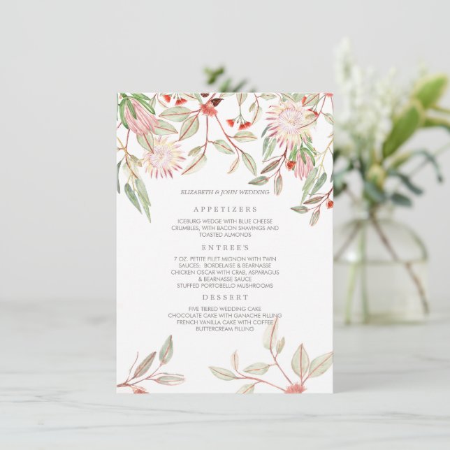 Menú Boda de flores australianas rosadas de Rubor (Anverso de pie)